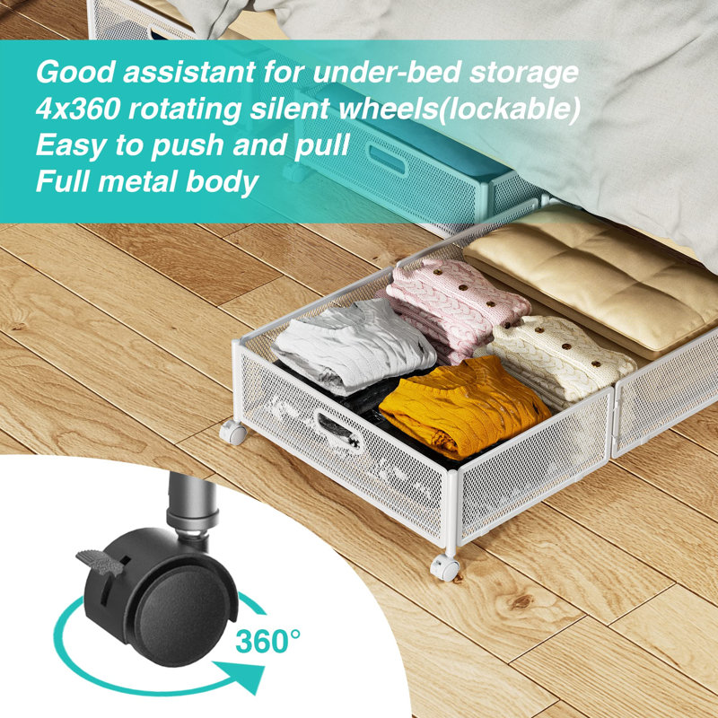Rebrilliant Under Bed Storage With Wheels Rolling Underbed Storage Containers Metal Under The Bed Storage Organizer Under Bed Shoe Storage Drawer Bins For Clothes Blanket Bedroom Organization 2 Pack W...